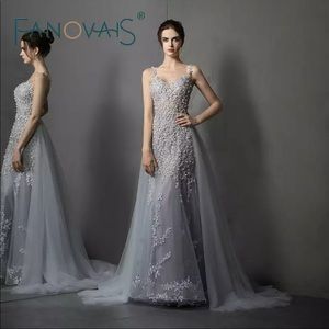 Embroidered Mermaid Prom / Wedding Dress with Detachable Skirt -NEW, Pale Blue